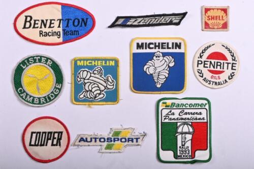 CLOTH BADGES: A collection of vintage cloth and embroidered badges. 'BENETTON Racing Team', 'COOPER', 'MICHELIN', 'SHELL', 'La Carrera Panamericana' badges