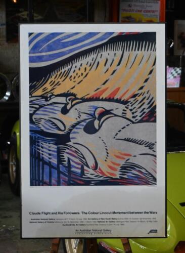 BROOKLANDS: A colour poster for the promotion of 'Claude Flight and His Followers: The Colour Linocut Movement between the Wars', as produced by Australian National Gallery. Poster features a circa 1929 Claude Flight colour linocut image from Brooklands