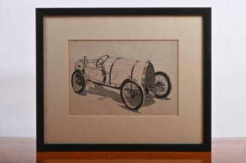 BUGATTI: An original black and white drawing by Bob Shepherd of a 1914 - 1921 Bugatti 16 valve. Image size of 29cm wide, 20cm high