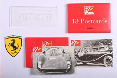 FERRARI: Four items related to Ferrari. Ferrari Postcards sets, 'Ferrari' placard and sticker