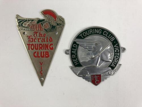 HERALD TOURING CLUB: Two Herald Touring Club Victoria badges. Triangular badge stamped '6800' to rear of badge
