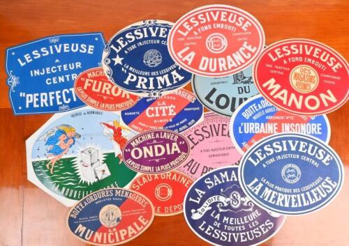 FRENCH PRODUCT LABELS: A collection of French product labels for various items including food, washing machines, rubbish bins