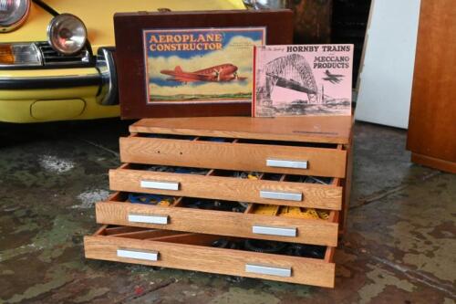 MECCANO: A group of Meccano items. Meccano Aeroplane Constructor Set No.2 & 1970's Meccano Outfit No. 10 in original four drawer oak chest