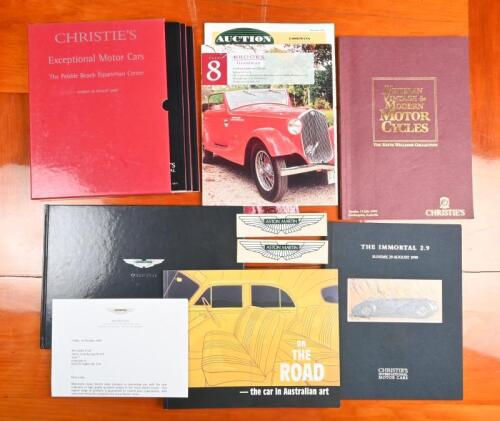 CAR AUCTIONS: A group of car and motorcycle auction material. 'THE IMMORTAL 2.9 - 1937 ALFA ROMEO 8C 2900B, Chassis No. 412012', PEBBLE BEACH SUNDAY, 29 AUGUST 1999' & 2000 CHRISTIE'S, Pebble Beach - Exceptional Motor Cars catalogue set