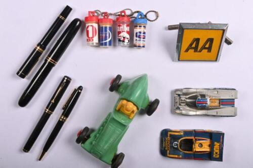 AUTOMOTIVE: A collection of predominantly automotive ephemera. 1950's Fethalite Grand Prix Car in green plastic & Solido 1:43 scale Porsche 917 models