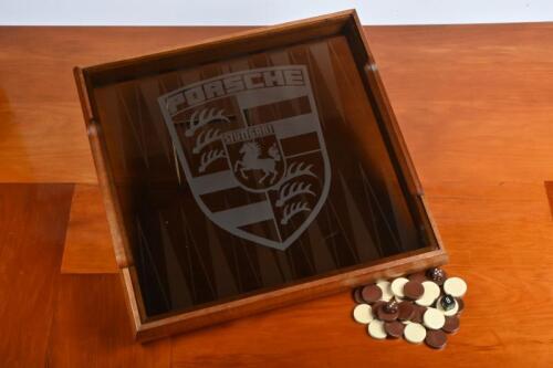 PORSCHE BACKGAMMON: A high quality interesting late 1970's/1980's Porsche backgammon set, board with etched glass
