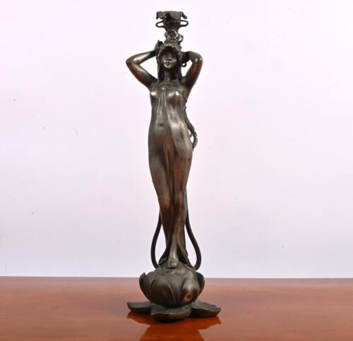 ART NOUVEAU: A decorative art nouveau pewter lamp base in the form of a maiden,44cm high