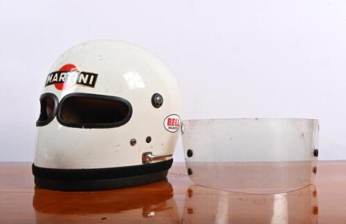 RACE WORN HELMET: A cool 1975 Bell race-worn helmet, 'RAC 1978 Code B' sticker to side of helmet with later applied Martini sticker - Ex-Neil Crang