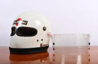 RACE WORN HELMET: A cool 1975 Bell race-worn helmet, 'RAC 1978 Code B' sticker to side of helmet with later applied Martini sticker - Ex-Neil Crang