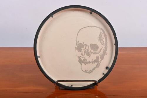 BROMLEY: A rare David Bromlety deep dish stoneware wall plate. Plate with image of skull