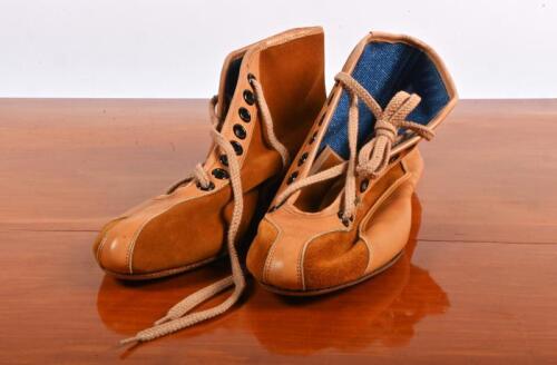 RACING BOOTS: An early pair of new old stock tan&nbsp;leather and suede racing boots by Paragon. Size 8.5