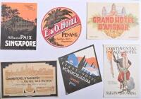 TRAVEL LUGGAGE DECALS: A collection of original, unused 1950's/1960's hotel travel luggage decals. 'GRAND HOTEL D'ANGKOR', 'LE ROYAL HOTEL, CAMBODIA', 'E&O HOTEL PENANG','EUROPE HOTEL SINGAPORE' decals - 3