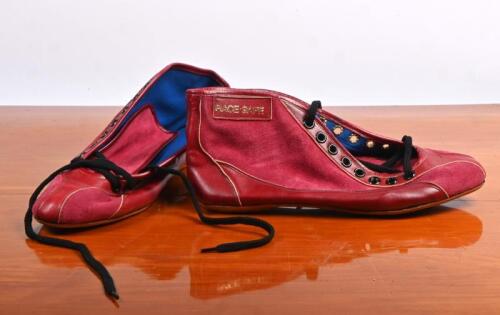RACING BOOTS: An early pair of new old stock red leather and suede racing boots by Paragon. Size 9