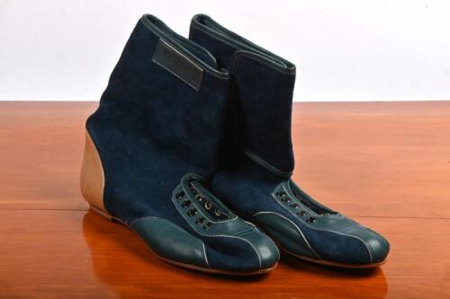 RACING BOOTS: An early pair of new old stock blue leather and suede ankle high racing boots by Paragon. Size 7.5