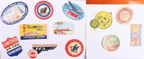TRAVEL LUGGAGE DECALS: A collection of original, unused 1950's/1960's American&nbsp;luggage decals. Yellowstone Park, American Airlines & Hotel Utah decals