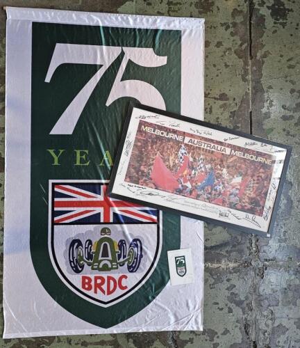 2003 FOSTER'S AUSTRALIAN GRAND PRIX/BRDC: A 2003 Foster's Australian Grand Prix picture. Mounting with numerous signatures from '75 YEAR BRDC Celebration' including Sir Jack Brabham, Tony Gaze, Sir Jackie Stewart, Win Percy & Tim Schenken. With large '75 