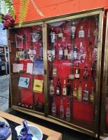 DISPLAY CASE: An antique brass double door, shallow display case. measures 198 cm high, 182cm wide, 61.5cm deep - 2