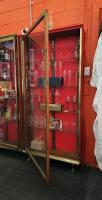 DISPLAY CASE: An antique brass, single door, shallow display case. Measures 197cm high, 96cm wide, 24cm deep - 3