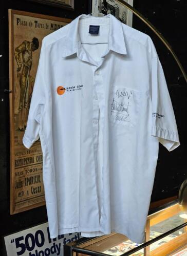 GLENN COAD RACING: A white GLENN COAD RACING short sleeve shirt. Pocket signed by Sir Jackie Stewart & Mark Webber. Size XXL