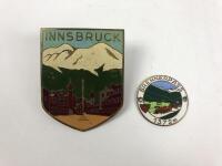 AUSTRIA: Two brass country car badges from Austria. 'Innsbruck' and 'Brennerpass' depictions