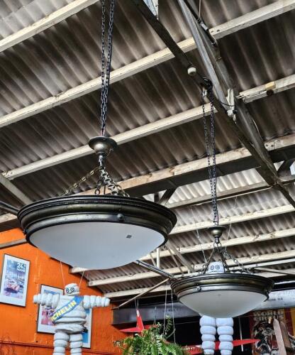 LIGHTS: Two circa 1940's brass classical Georgian boardroom lights; approximate overall globe diameter of 60cm