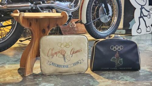 MELBOURNE OLYMPIC GAMES: Three rare and unusual items from the 1956 Olympic Games, Melbourne. Table, cushion & bag