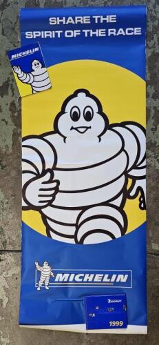 MICHELIN: Three modern MICHELIN items. Large vinyl banner - 'SHARE THE SPIRIT OF THE RACE' & 1999/2000 Michelin Press Release. Banner measures 221cm high, 84.5cm wide