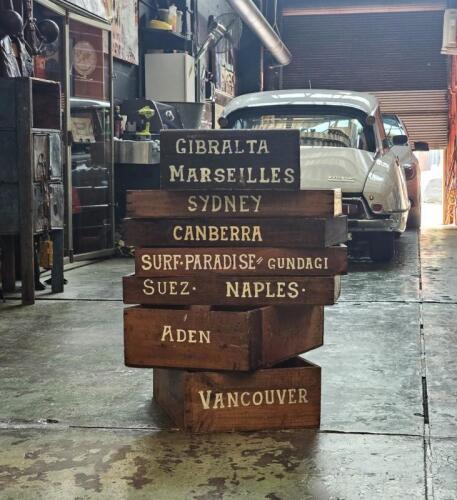 BOXES: A collection of 1950's grocer timber boxes originally from Port Melbourne wharves