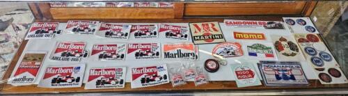STICKERS: An eclectic collection of period stickers and adhesives. Marlboro ADELAIDE 1985 - 1987, Marlboro International Grand Prix stickers & ABARTH, Alfa Romeo, FIAT, LANCIA stickers