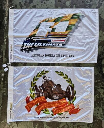 AGP ADELAIDE: Two Australian Grand Prix, Adelaide cloth flags. 1990 'The 500th World Championship Grand Prix' flag