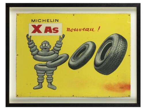 MICHELIN: An original and superb 1965 MICHELIN XAS nouveau! tin sign by Savignac. Measures 96cm wide, 74cm high overall