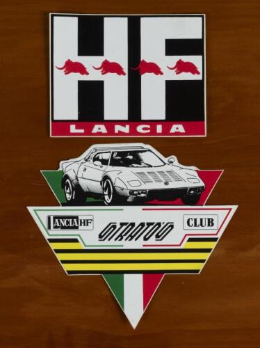 LANCIA: Two LANCIA stickers. 'LANCIA HF' and 'LANCIA HF STRATOS CLUB' stickers