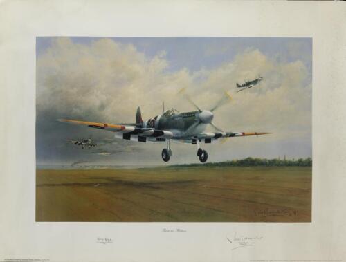 GAZE: A print after the original acrylic on board, titled 'First to France' by Peter Randall-Kent featuring F.-Lt. Tony Gaze, D.F.C. and bar Pilot. Print signed by Gaze & Artist. Softcover copy of 'AUSTRALIAN WARBIRDS - VOLUME ONE TRAINERS & FIGHTERS (FL