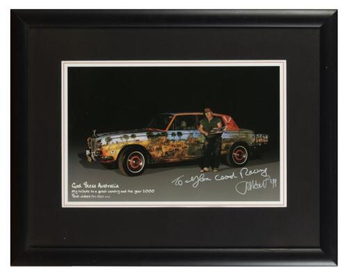 PRO HART: A colour picture of Pro-Hart with a Rolls-Royce Silver Shadow adorned with artwork by Pro-Hart. Pro-Hart signature