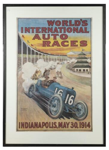 INDIANAPOLIS: A reprinted 1914 Indianapolis 'WORLD'S INTERNATIONAL AUTO RACES' promotional poster