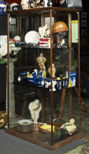 DISPLAY CASE: An antique timber and glass display case. Makers plaque of 'DUFF', Melbourne. Measures 189.5cm high, 103cm wide, 72cm deep