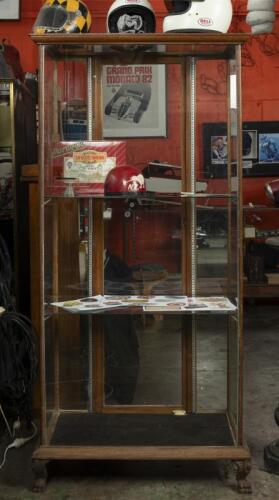 DISPLAY CASE: An antique timber and glass upright display case. Measures 203cm high, 97cm wide, 51cm deep