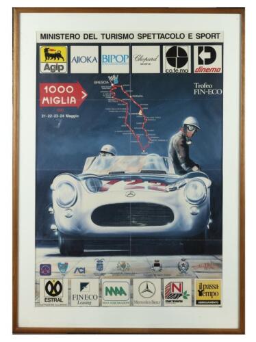 MILLE MIGLIA: An original May 1992 '1000 MIGLIA' promotional poster featuring the Mercedes-Benz 300 SLR of Sir Stirling Moss and Denis Jenkinson, BRESCIA - ROMA circuit map and associated sponsorships