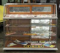 DISPLAY CASE: An attractive angled front display case. Measures 105cm high, 122cm wide, 55cm deep
