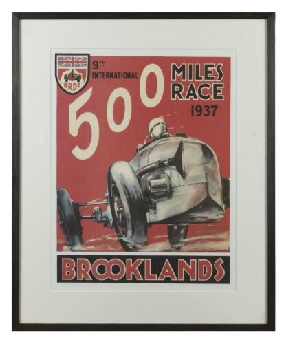 BROOKLANDS: A reproduction promotional poster by COYS OF KENSINGTON for the 1937, 9th International, '500 MILES RACE' as held at Brooklands