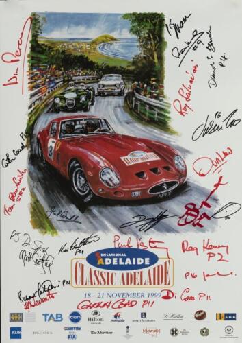 CLASSIC ADELAIDE: A 1999 'CLASSIC ADELAIDE - SENSATIONAL ADELAIDE' promotional poster featuring a Ferrari 250 GTO. Poster with numerous signatures including Di Gaze, Reg Kenny, Win Percy, Doug Nye, Roy Salvadori