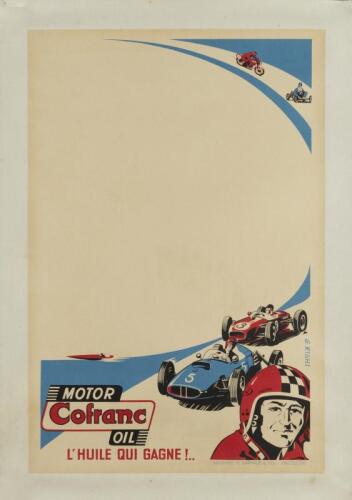 MOTOR COFRANC: An original circa 1950 'MOTOR Cofranc OIL - L'HUILE QUI GAGNE!..' lithographic poster. Linen backed. Poster measures 67cm high, 47.5cm wide