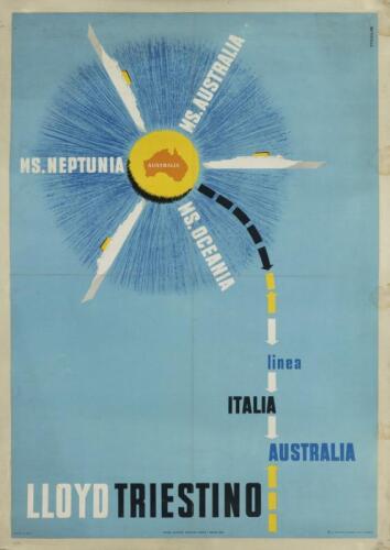 LLOYD TRIESTINO: An original circa 1956 'LLOYD TRIESTINO' lithographic poster. Promoting passenger ship route between Italy and Australia