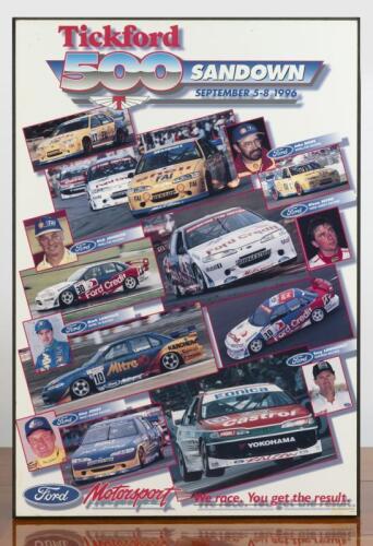 FORD: Two Ford items. 'Tickford 500 SANDOWN SEPTEMBER 5-8 1996' promotional poster by Ford Motorsport & softcover book - 'Ford MUSCLE - The Ford V8 Story' by Stewart Wilson
