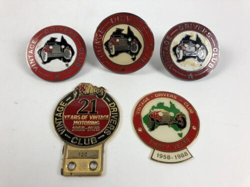 VINTAGE DRIVERS CLUB: Five Vintage Drivers Club badges. Numbered