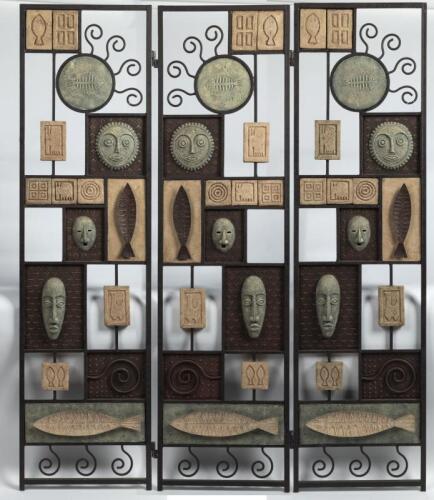 SCREEN: A large metal screen with ceramic inlays displaying an African theme. Screen measures 182.5cm high, 148.5cm wide