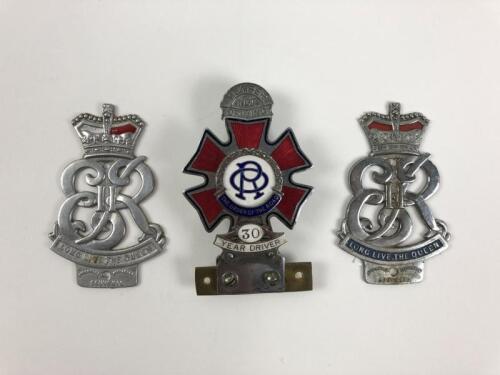 ENGLISH: Three car badges; two Queen Elizabeth Coronation car badges and one 30 year Road Obedience car badge