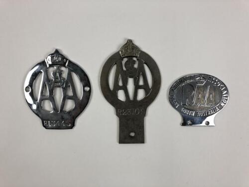 A.A.S.A: Three Australian Automobile Association South Australia car club badges. Numbers R13443 and R23109
