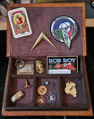 AUTOMOBILIA TRINKET BOX: A trinket box with an automotive theme. Vintage Martini, Porsche key rings. Michelin Badge