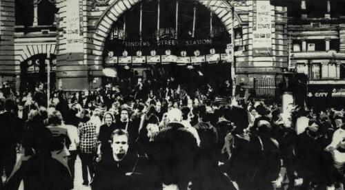 FLINDERS ST STATION: A 2010 black and white painting of a scene from outside Flinders Street Station by Melbourne based artist Kirpy